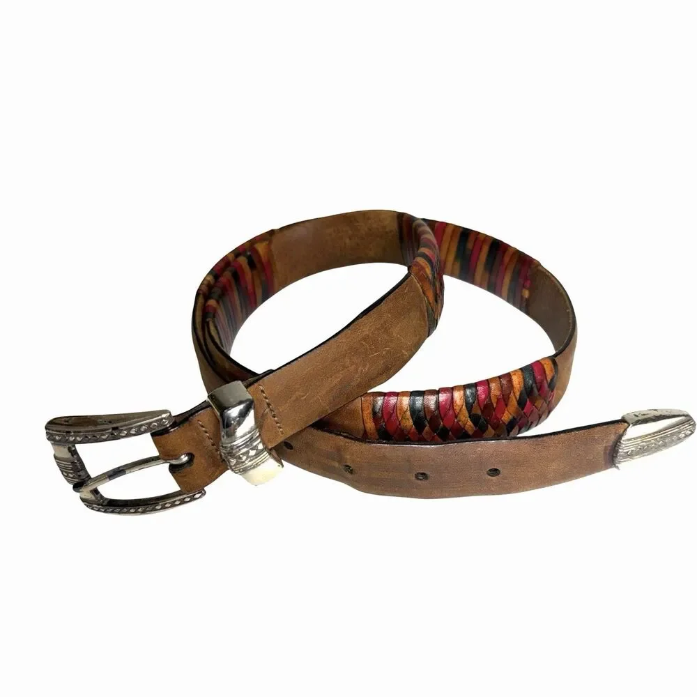 Genuine Leather Western Belt Brown Braided Multicolor Silver Buckle Size 38
